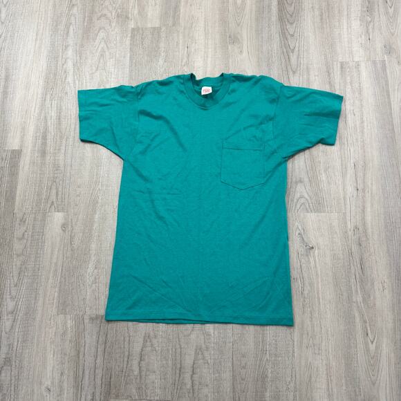 Vintage Pocket T-Shirt Men's Large Teal 90s Single Stitch USA Made Tee 1990s - Picture 1 of 8